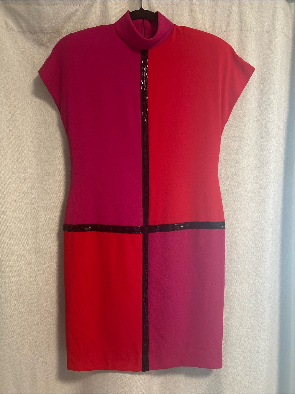 Chetta B Colorblock Pink and Red Shift Dress with Sequin Trim